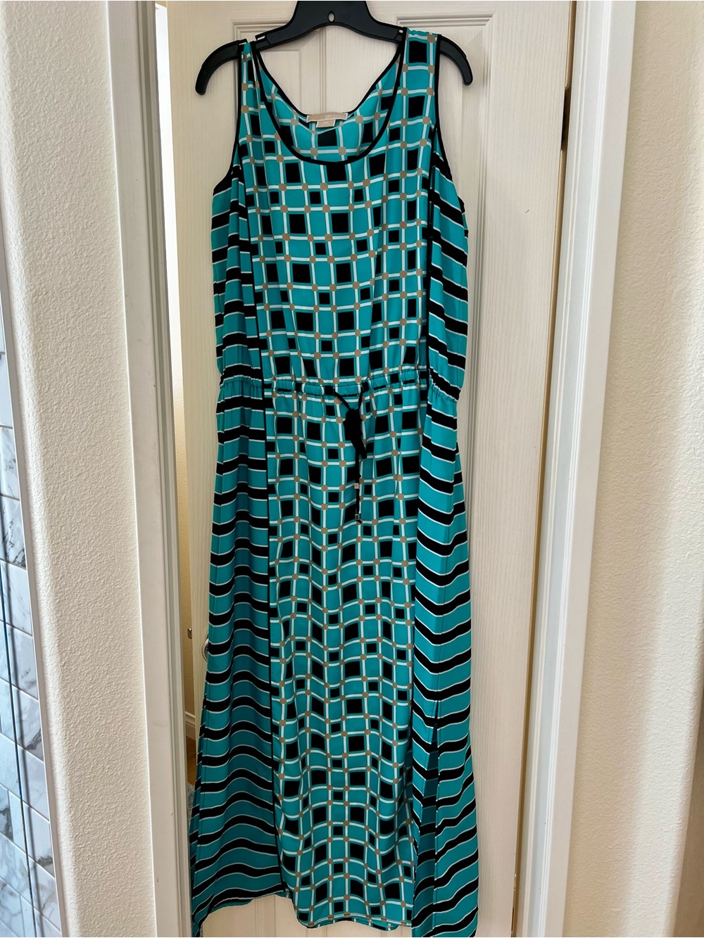 Teal, Black and Beige Geometric & Stripe Maxi Dress with Drawstring Waist